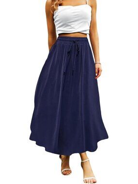 Women Navy Blue Boho High Waisted Flowy Elastic Waist Pocket Pull On Midi Skirt